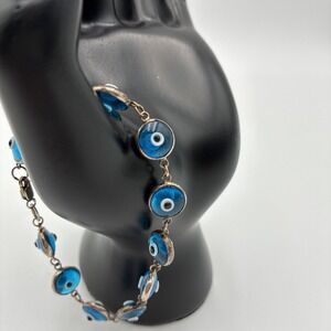 Sterling Silver 925 Blue Glass Evil Eye Nazar Link Bracelet 7.25"